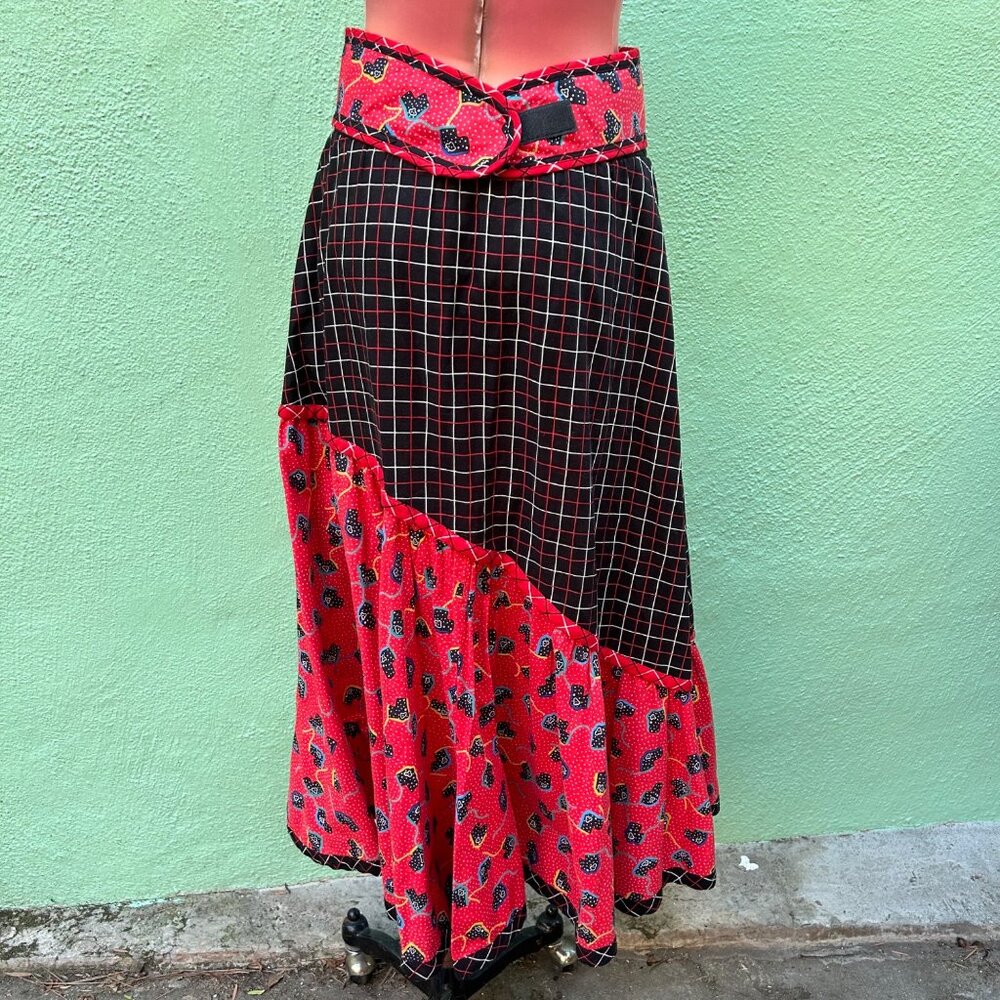 Jeanne Marc Window Pain Geometric Skirt w/Belt Long Red Black Women Elastic S - Picture 3 of 7